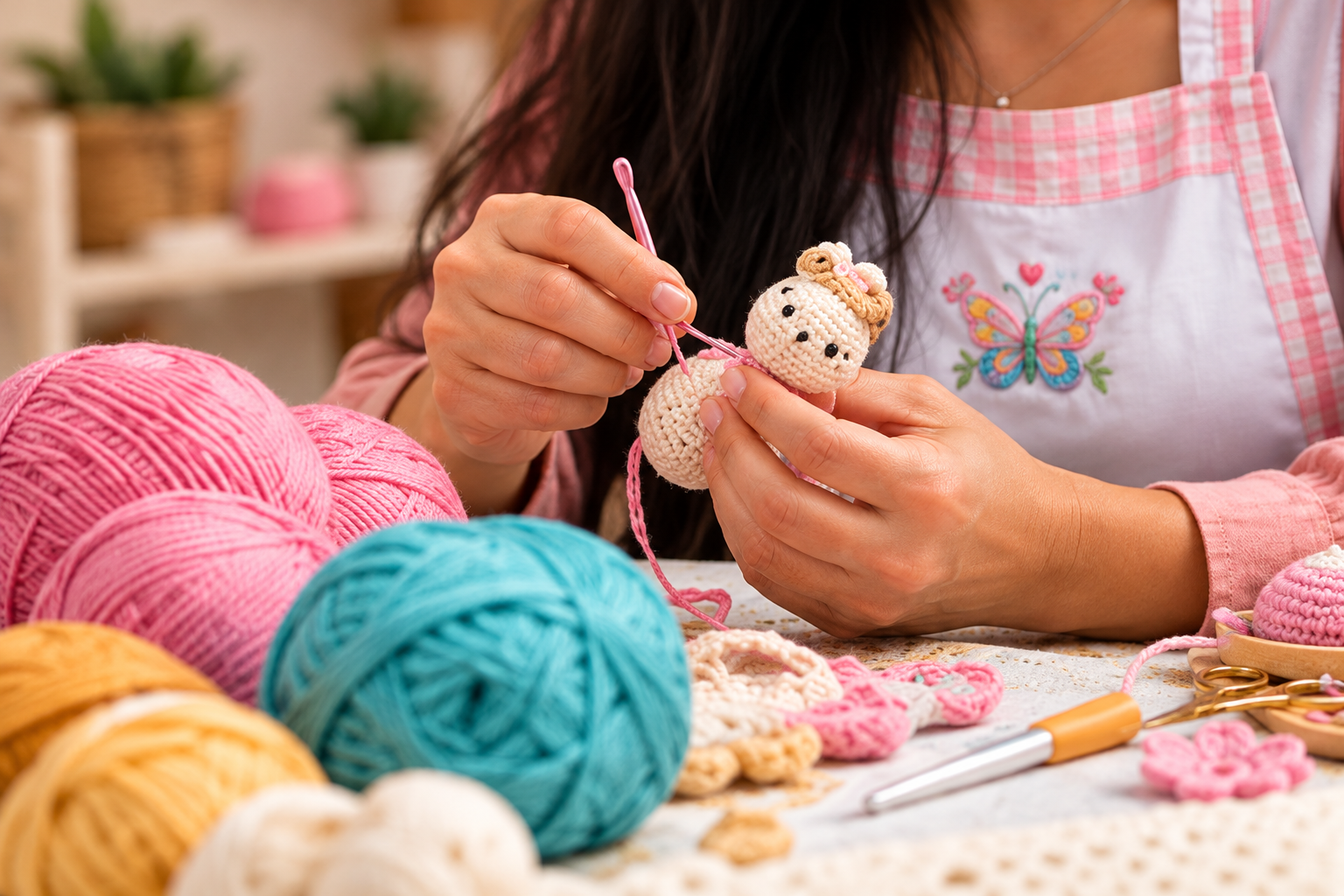 Mãos trabalhando em um amigurumi, entre novelos rosa e turquesa em um ateliê